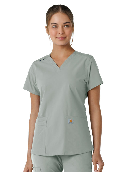 Women's Four-Pocket V-Neck Knit Panel Top - C12313 - Grey