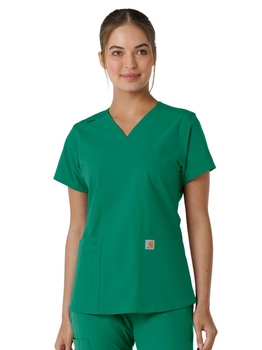 Women's Four-Pocket V-Neck Knit Panel Top - C12313 - Hunter
