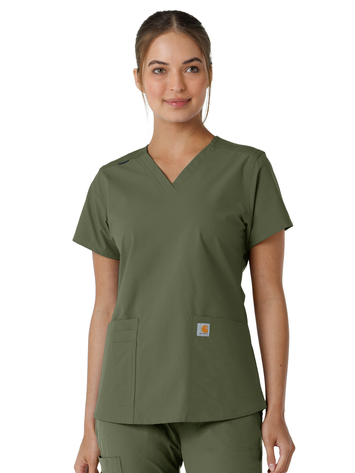 Women's Four-Pocket V-Neck Knit Panel Top - C12313 - Olive