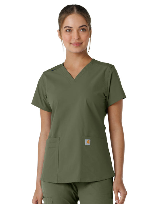 Women's Four-Pocket V-Neck Knit Panel Top - C12313 - Olive