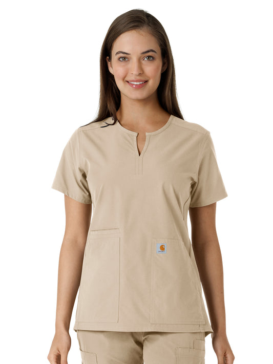 Women's Notch Neck Tunic Knit Panel Top - C12413 - Khaki