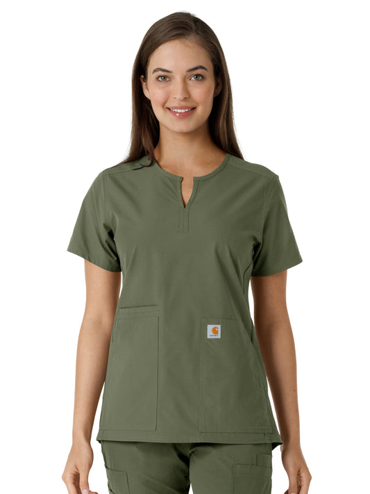 Women's Notch Neck Tunic Knit Panel Top - C12413 - Olive