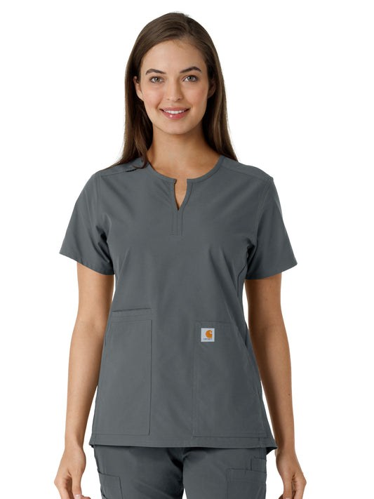 Women's Notch Neck Tunic Knit Panel Top - C12413 - Pewter