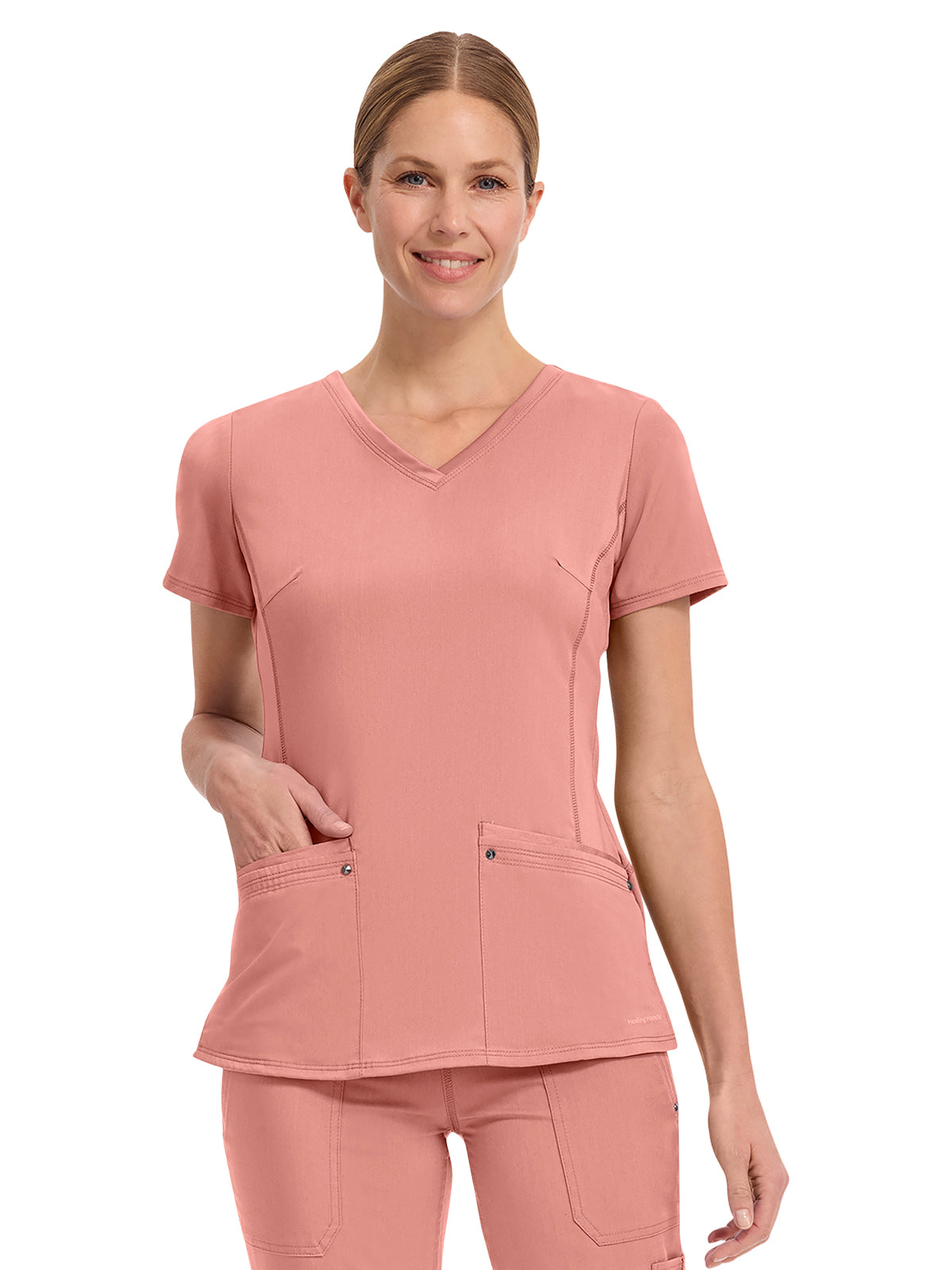 Women's 2-Pocket Juliet Stylish V-Neck Top - 2245 - Velvet Peach
