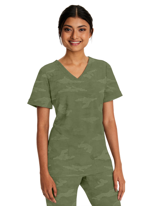 Women's 2-Pocket Joy Camo V-Neck Top - 2353 - Olive