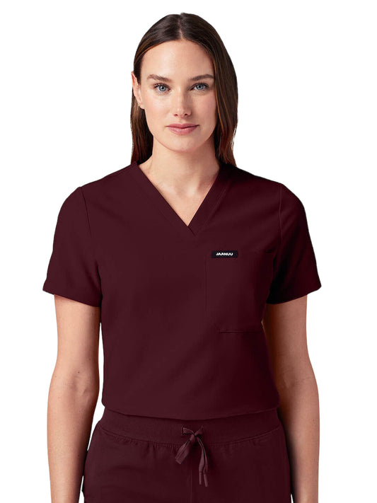 Women's Slim 1-Pocket Overlapping V-Neck Rhena Top - W10013 - Burgundy