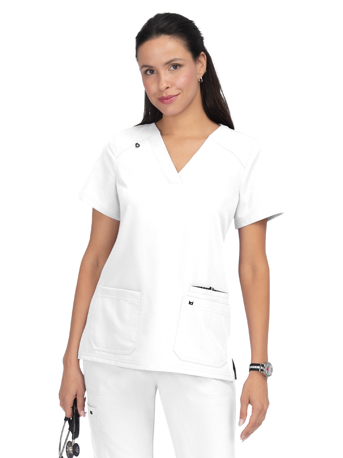 Women's Three-Pocket Wide V-Neck Stretch Hustle and Heart Top - 1019 - White