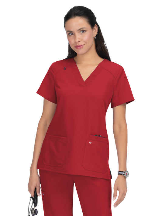 Women's Three-Pocket Wide V-Neck Stretch Hustle and Heart Top - 1019 - Ruby