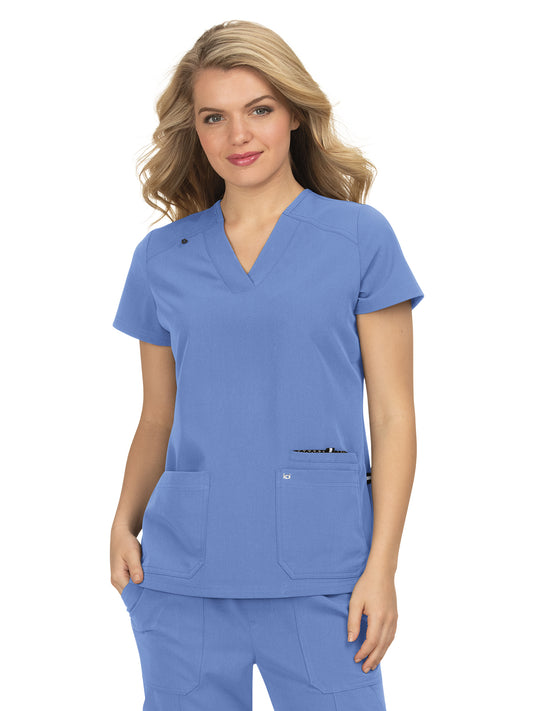 Women's Three-Pocket Wide V-Neck Stretch Hustle and Heart Top - 1019 - True Ceil