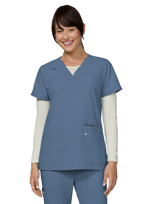 Women's Three-Pocket Wide V-Neck Stretch Hustle and Heart Top - 1019 - Bluestone