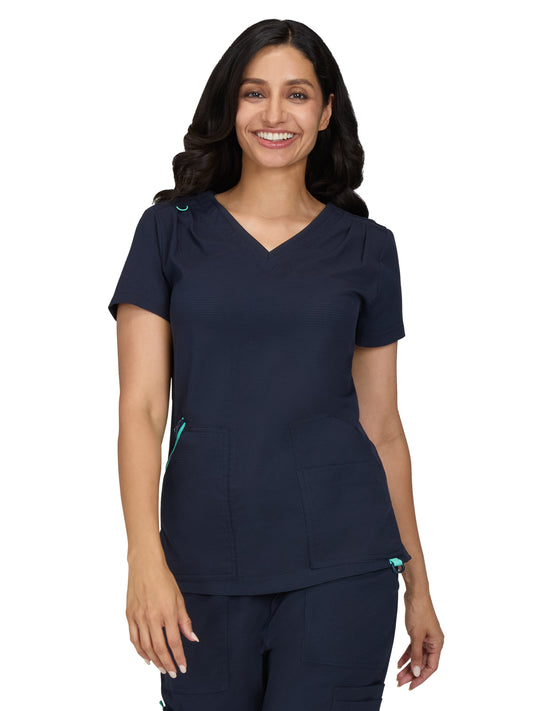 Women's Ribbed 4-Pocket V-Neck Sari Top - 1129 - Navy