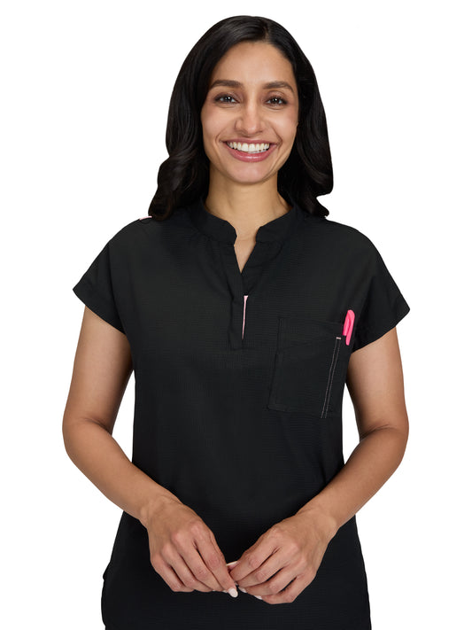 Women's Zipper Neck Combo Chest Pocket Catrin Top - 1131 - Black