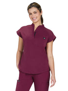 Women's Zipper Neck Combo Chest Pocket Catrin Top - 1131 - Wine