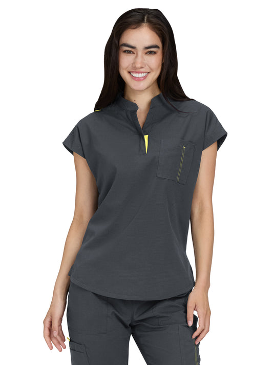 Women's Zipper Neck Combo Chest Pocket Catrin Top - 1131 - Charcoal