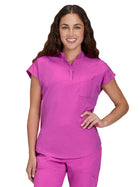 Women's Zipper Neck Combo Chest Pocket Catrin Top - 1131 - Hibiscus Pink
