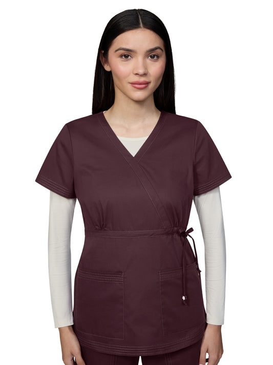 Women's 2-Pocket Adjustable Front-Tie Mock-Wrap Katelyn Top - 137 - Cognac