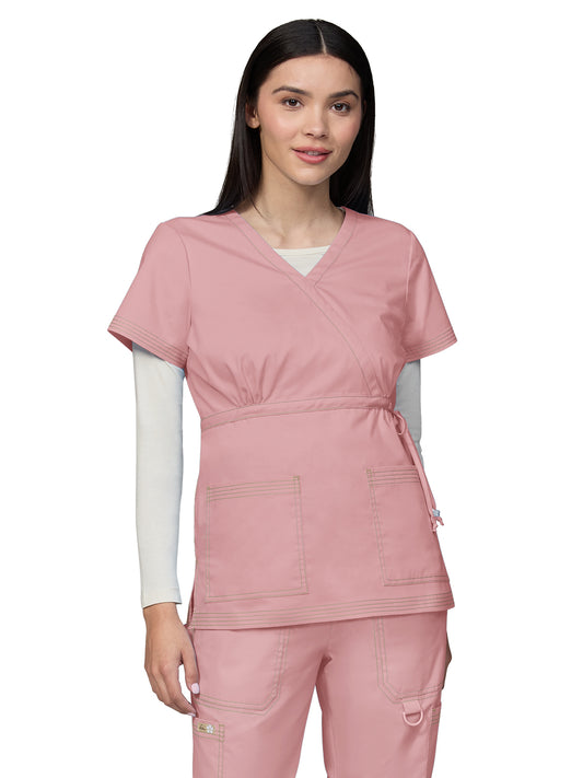 Women's 2-Pocket Adjustable Front-Tie Mock-Wrap Katelyn Top - 137 - Ballet Rose