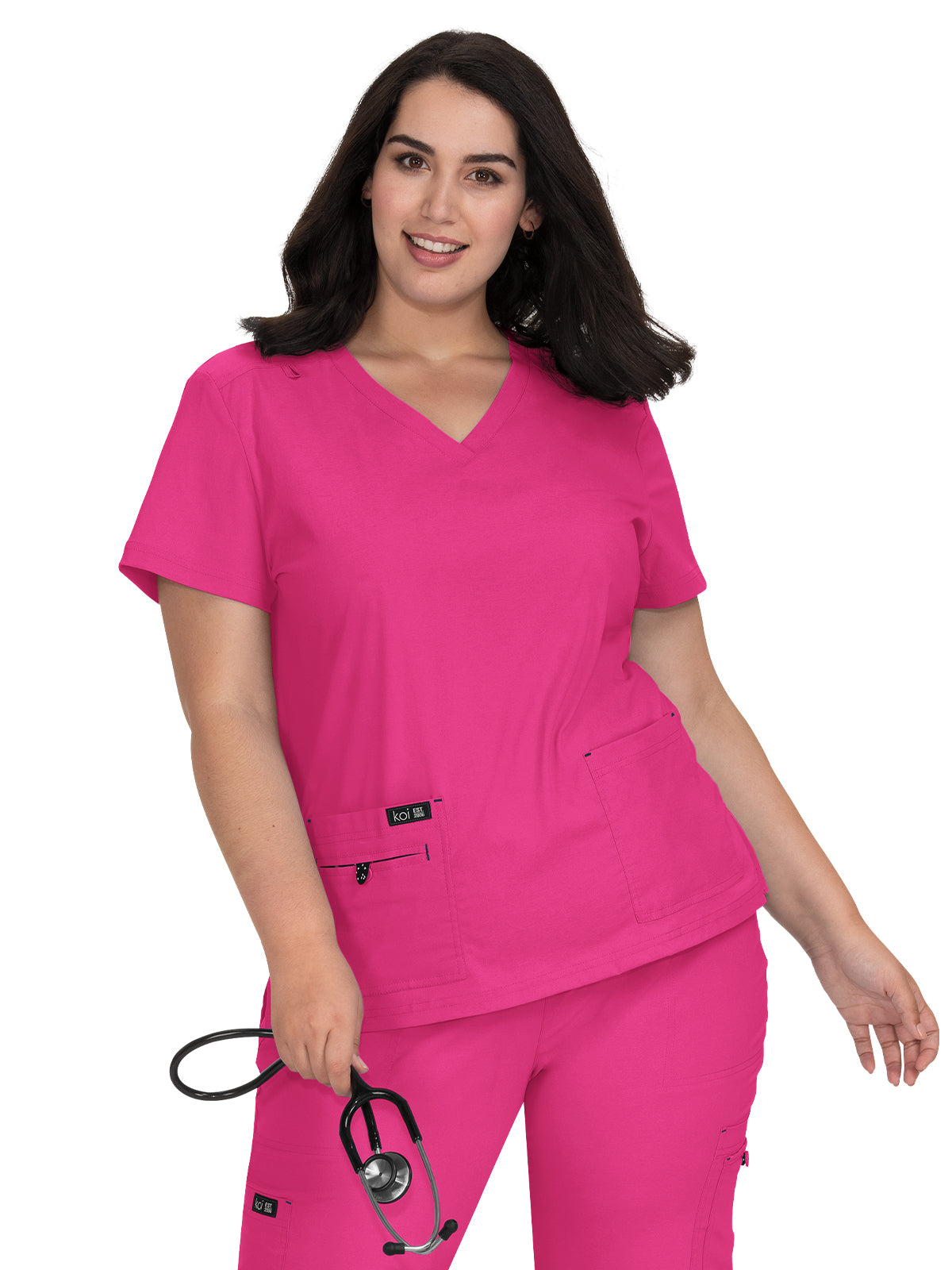 Women's Four-Pocket Stretch V-Neck Becca Top - 373 - Flamingo