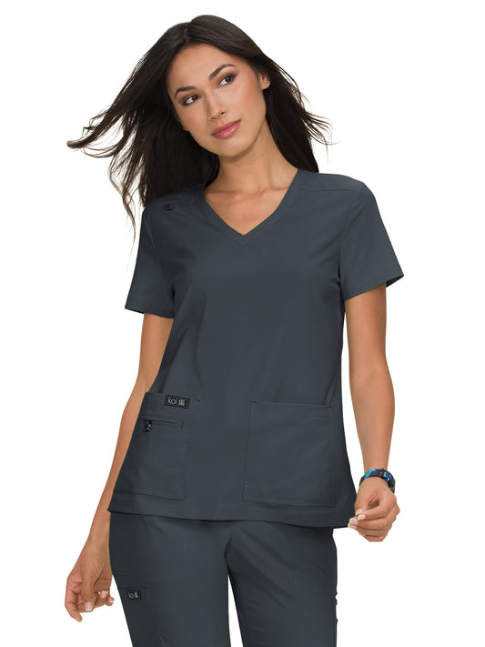 Women's Four-Pocket Stretch V-Neck Becca Top - 373 - Charcoal