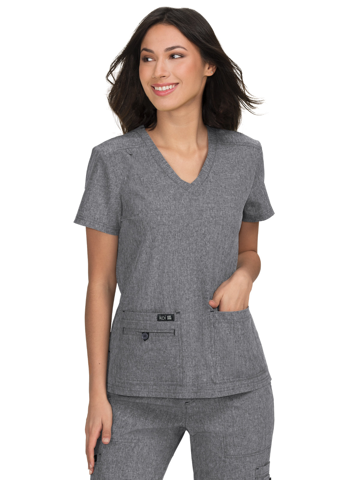 Women's Four-Pocket Stretch V-Neck Becca Top - 373 - Heather Grey