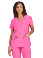 Women's Four-Pocket Stretch V-Neck Becca Top - 373 - Heather Pink Lemonade