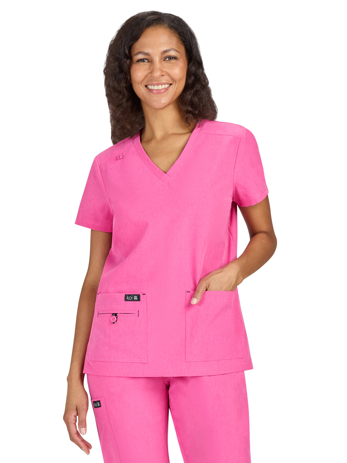 Women's Four-Pocket Stretch V-Neck Becca Top - 373 - Heather Pink Lemonade