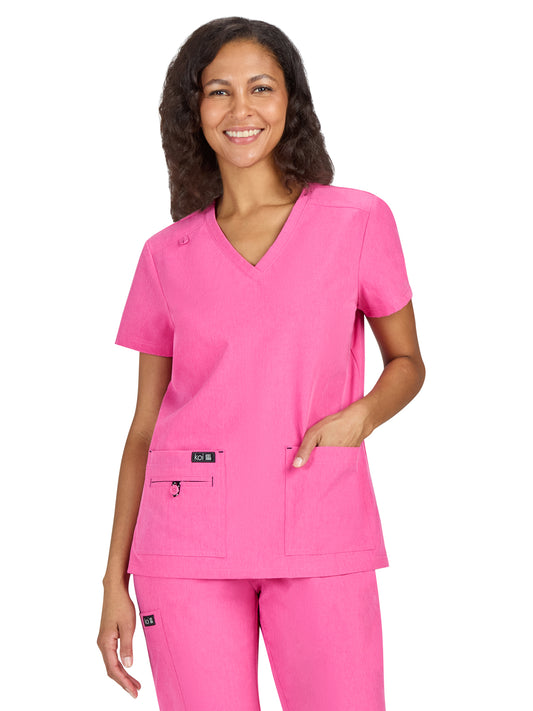 Women's Four-Pocket Stretch V-Neck Becca Top - 373 - Heather Pink Lemonade