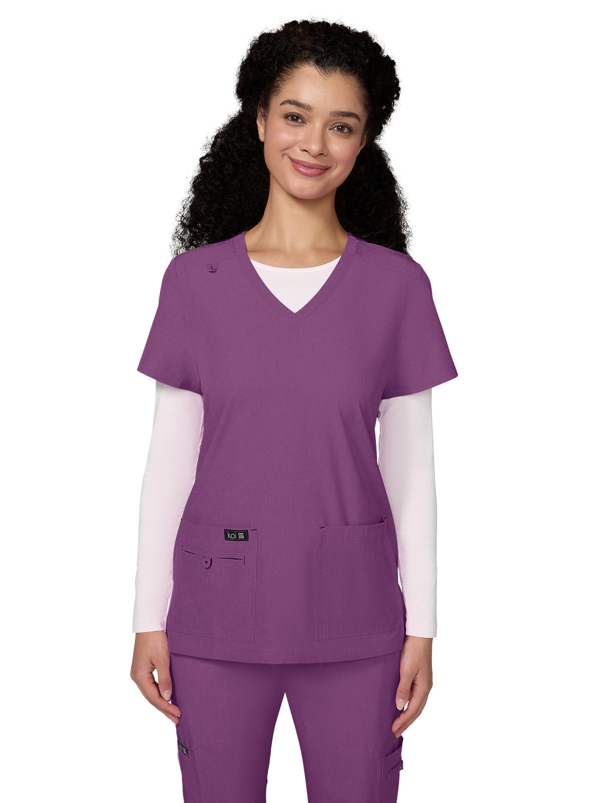 Women's Four-Pocket Stretch V-Neck Becca Top - 373 - Heather Violet
