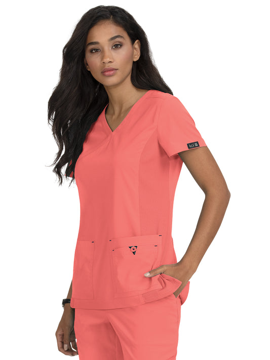 Women's Four-Pocket Mock-Wrap Neck Katie Top - 374 - Coral