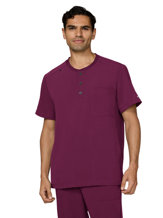 Men's Three-Pocket Henley Neck Scrub Top - 676 - Wine