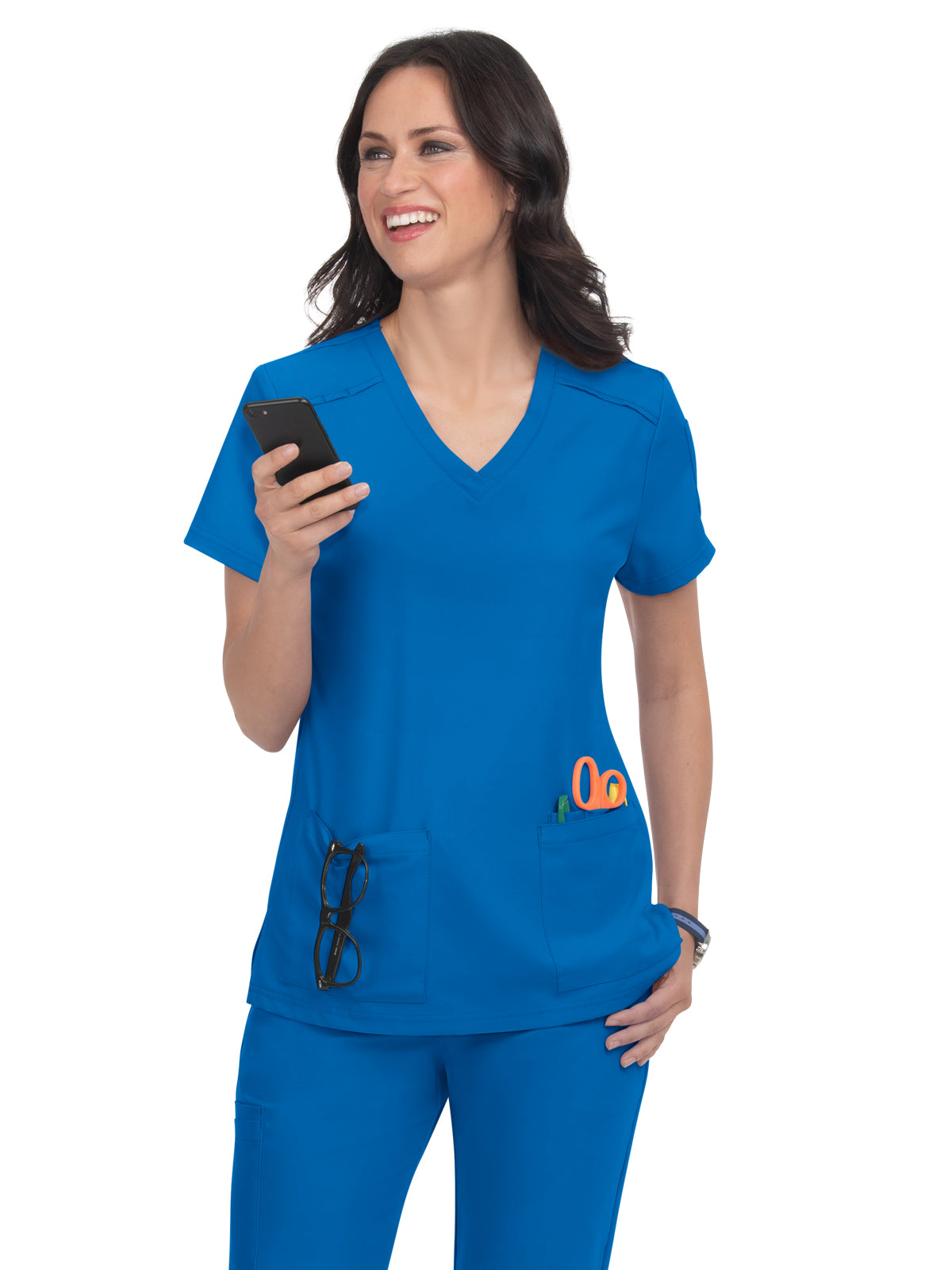 Women's Three-Pocket V-Neck Cardi Top - C101 - Royal Blue