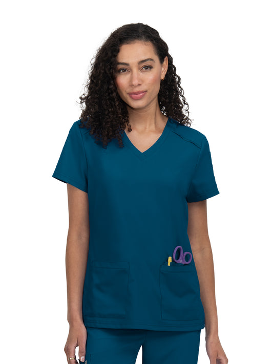 Women's Three-Pocket V-Neck Cardi Top - C101 - Caribbean Blue