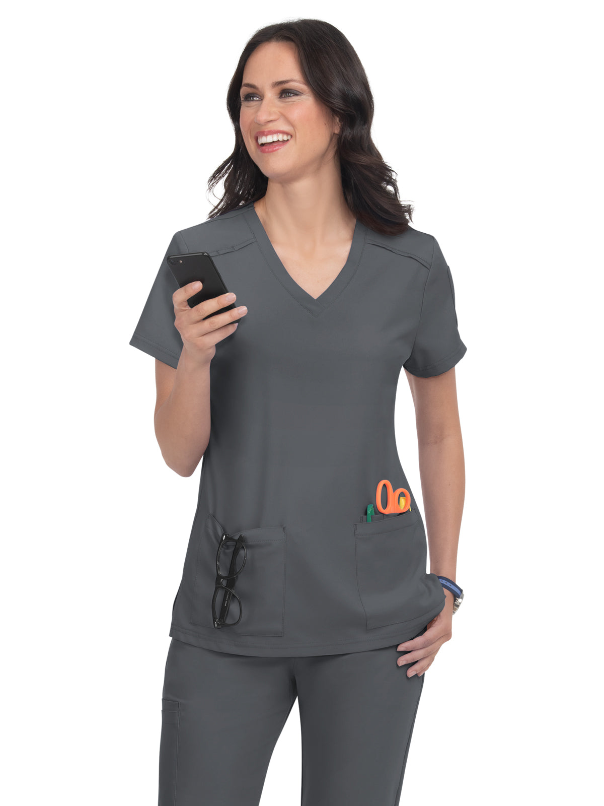 Women's Three-Pocket V-Neck Cardi Top - C101 - Pewter