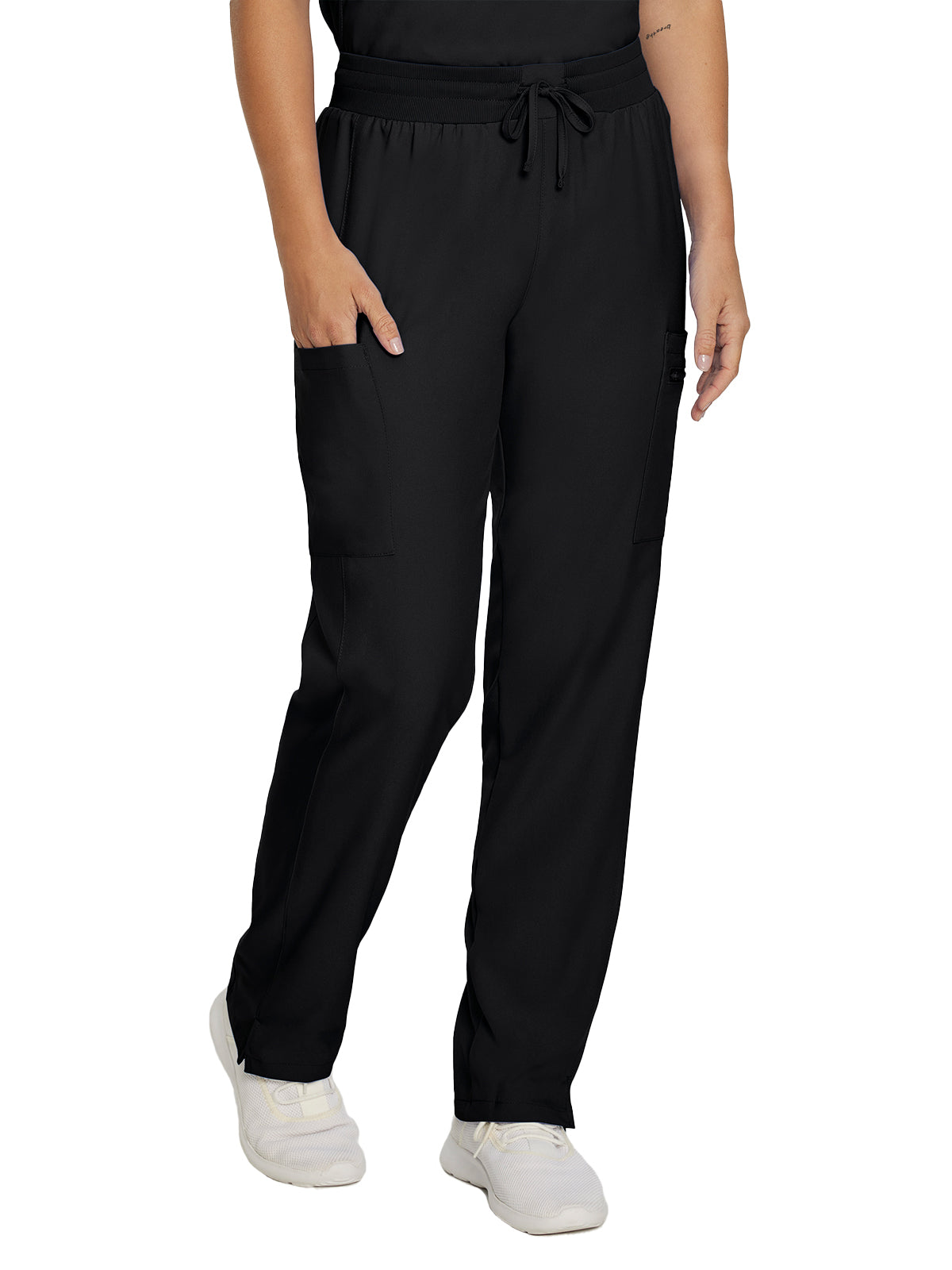Women's Seven-Pocket Mid-Rise Rib-Knit Elastic Waist Cargo Pant - LB400 - Black
