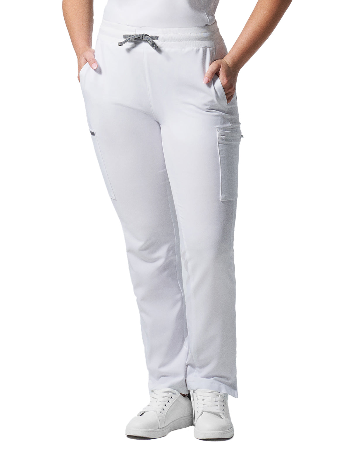 Women's Seven-Pocket Mid-Rise Rib-Knit Elastic Waist Cargo Pant - LB400 - White