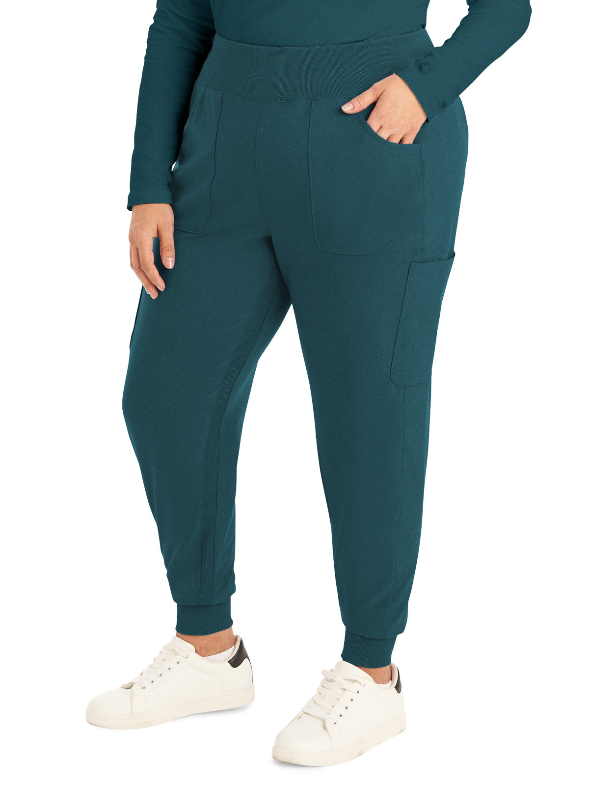 Women's Seven-Pocket Mid-Rise Rib-Knit Elastic Waist Jogger Pant - LB401 - Caribbean