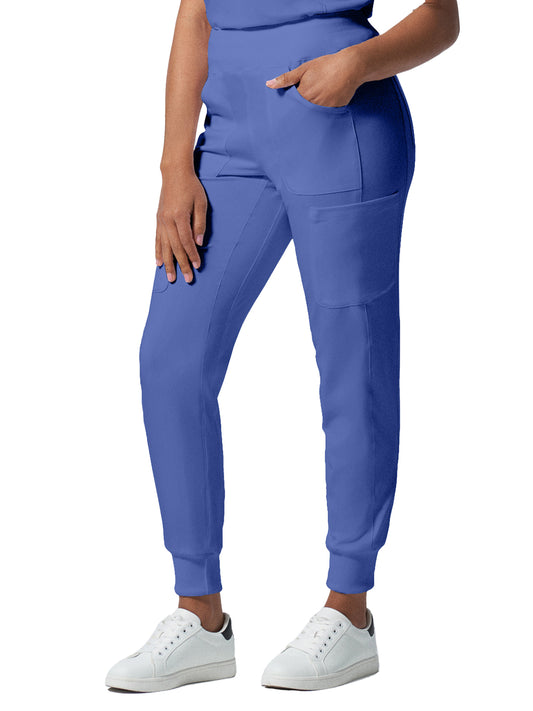 Women's Seven-Pocket Mid-Rise Rib-Knit Elastic Waist Jogger Pant - LB401 - Ceil Blue
