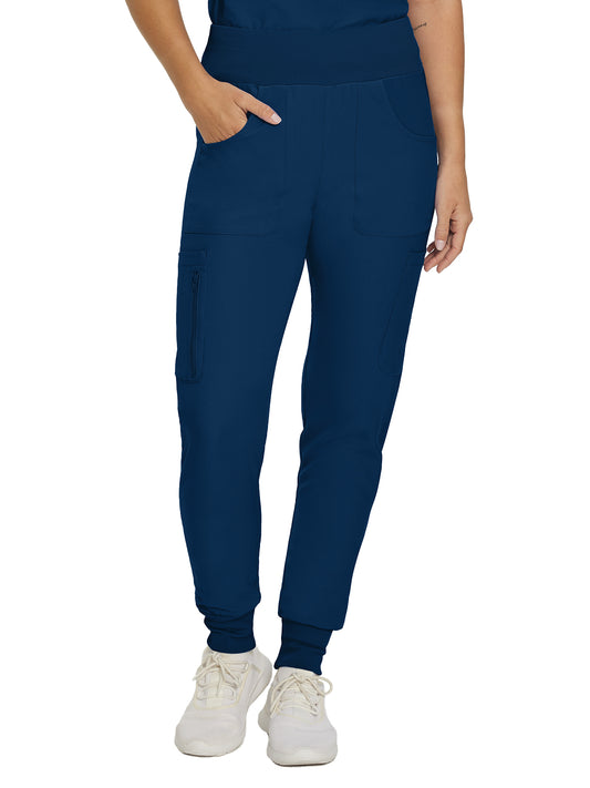 Women's Seven-Pocket Mid-Rise Rib-Knit Elastic Waist Jogger Pant - LB401 - Navy
