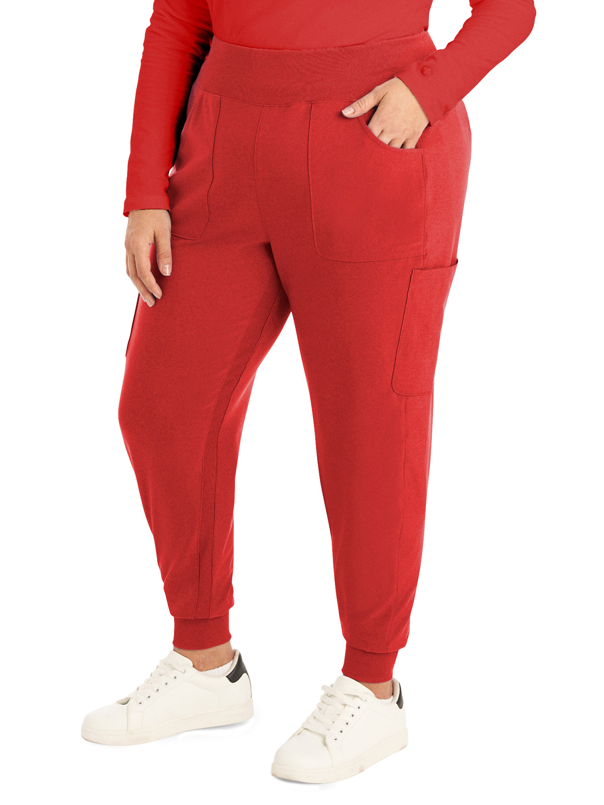 Women's Seven-Pocket Mid-Rise Rib-Knit Elastic Waist Jogger Pant - LB401 - Red