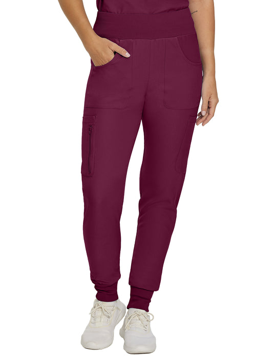 Women's Seven-Pocket Mid-Rise Rib-Knit Elastic Waist Jogger Pant - LB401 - Wine