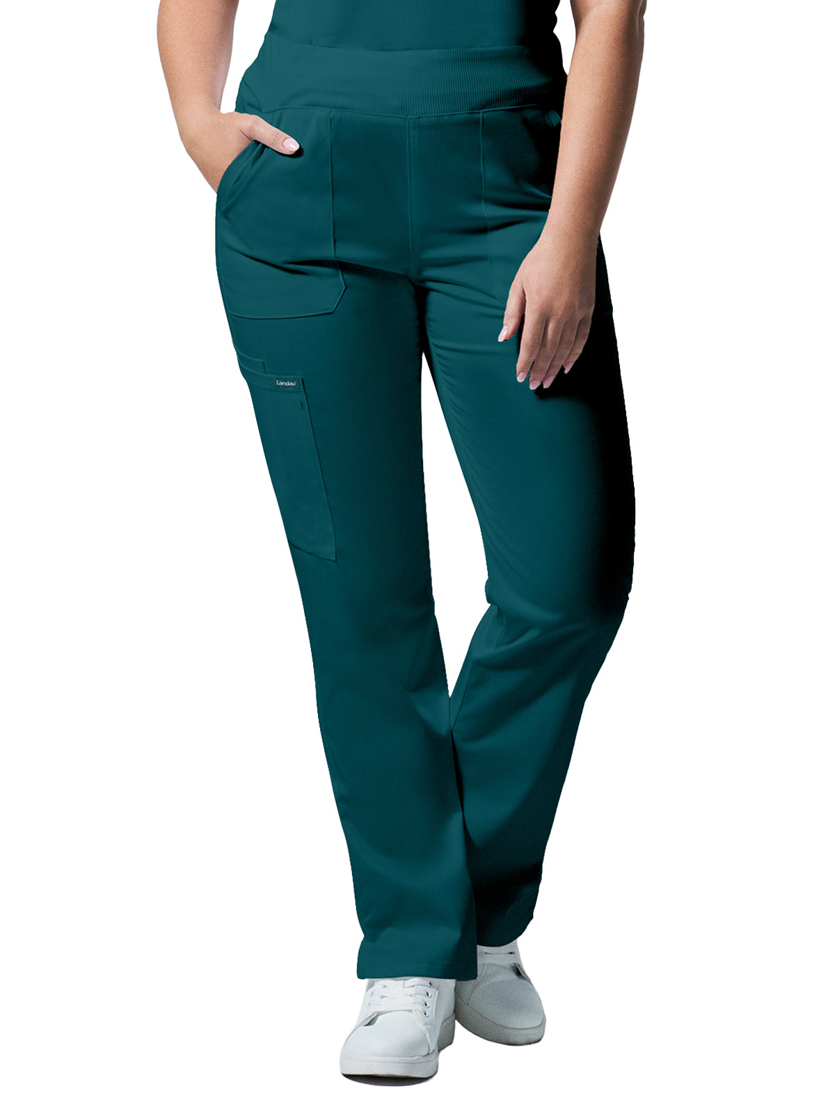 Women's Five-Pocket Mid-Rise Rib-Knit Elastic Waist Straight Leg Pant - LB405 - Caribbean