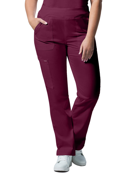 Women's Five-Pocket Mid-Rise Rib-Knit Elastic Waist Straight Leg Pant - LB405 - Wine