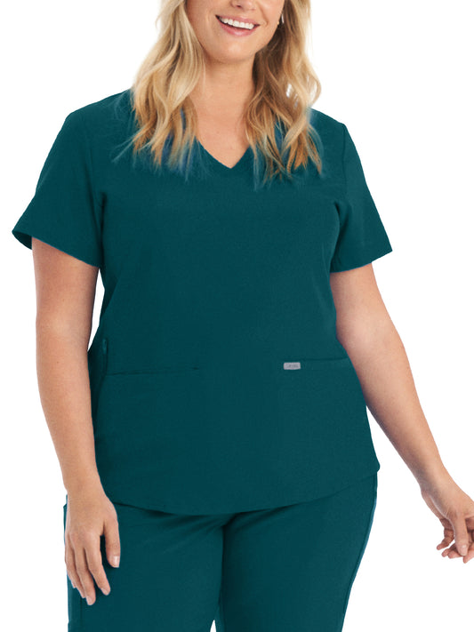 Women's Three-Pocket Rib-Knit Neckline V-Neck Top - LT100 - Caribbean