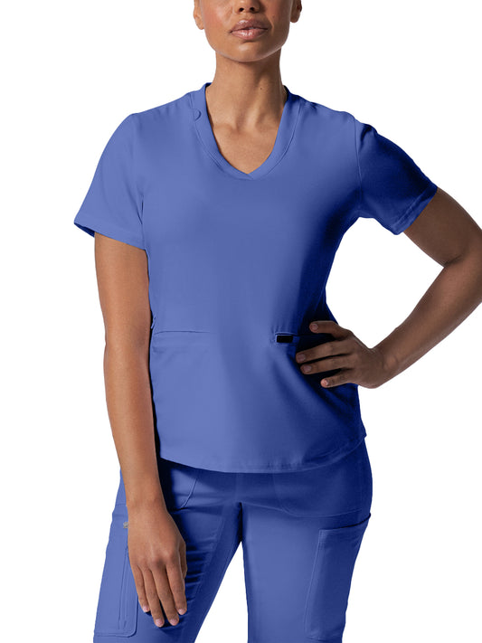 Women's Three-Pocket Rib-Knit Neckline V-Neck Top - LT100 - Ceil Blue