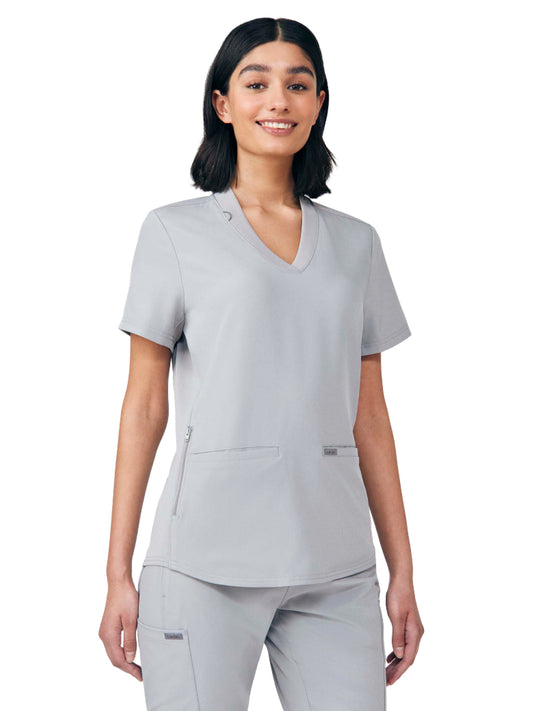 Women's Three-Pocket Rib-Knit Neckline V-Neck Top - LT100 - Gray