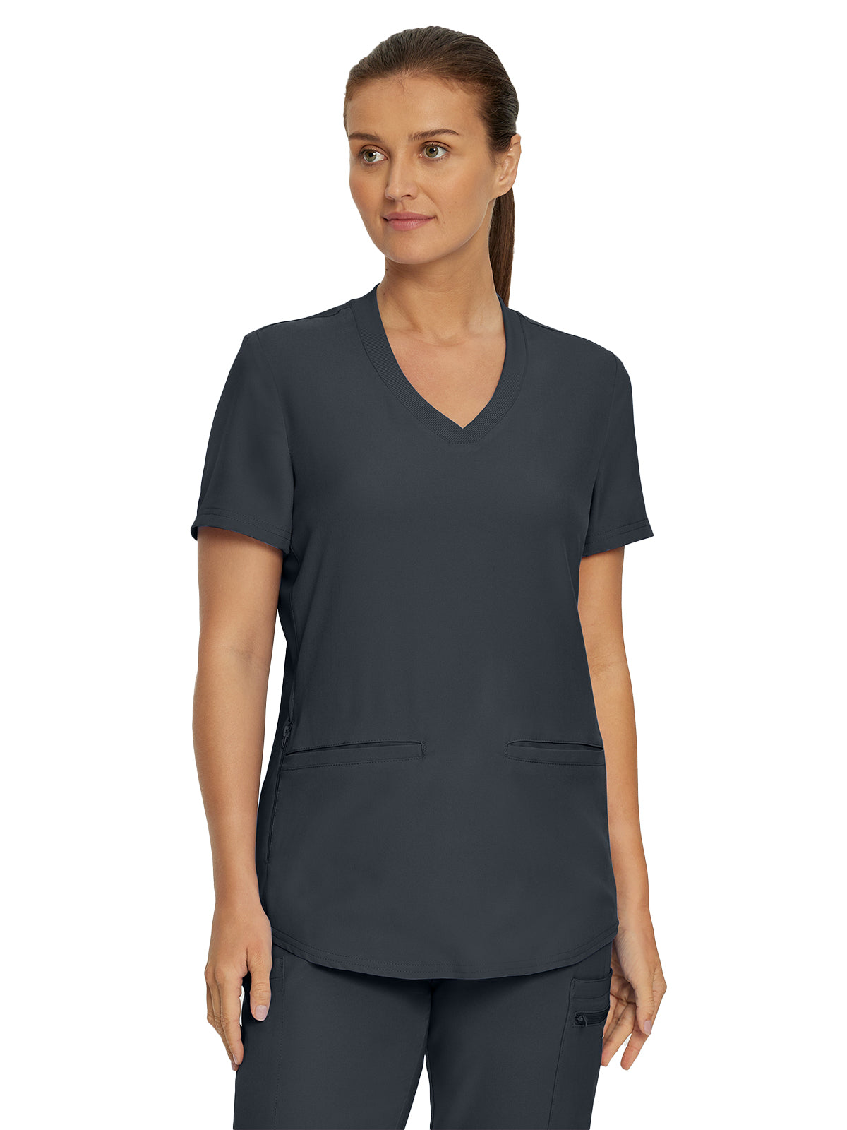 Women's Three-Pocket Rib-Knit Neckline V-Neck Top - LT100 - Pewter