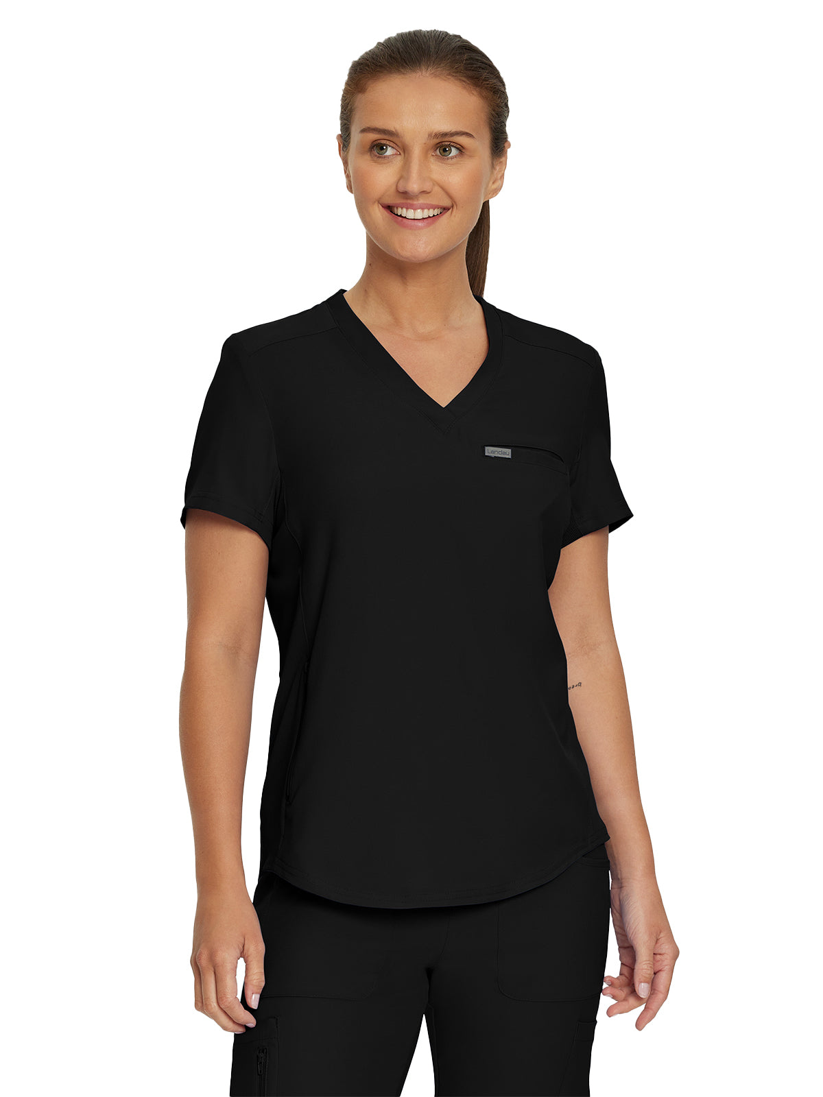 Women's Two-Pocket Shirttail Hemline V-Neck Top - LT101 - Black