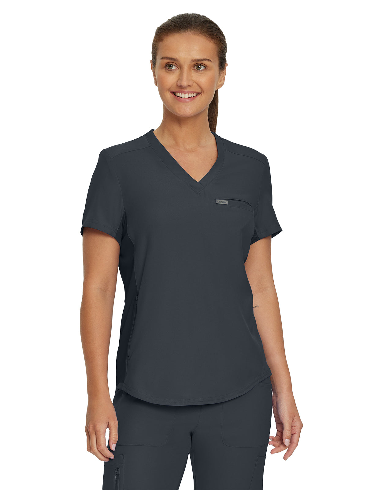Women's Two-Pocket Shirttail Hemline V-Neck Top - LT101 - Pewter