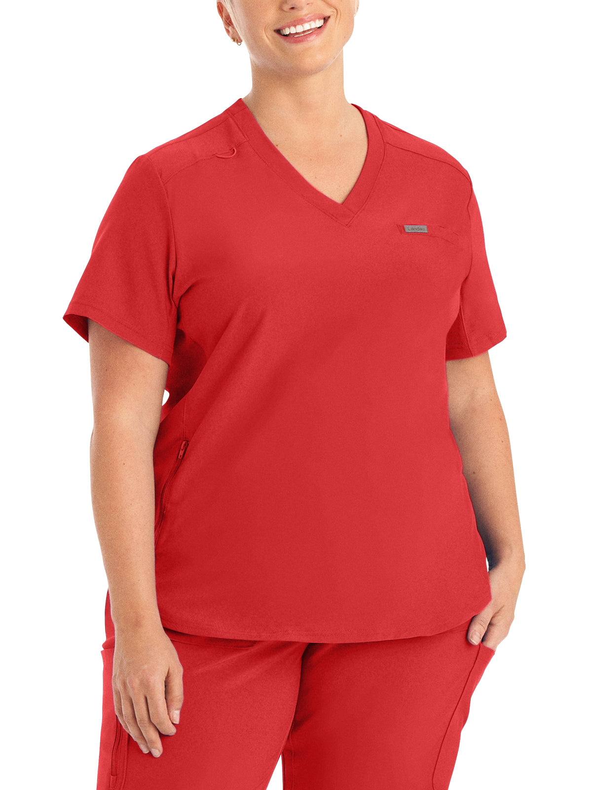Women's Two-Pocket Shirttail Hemline V-Neck Top - LT101 - Red