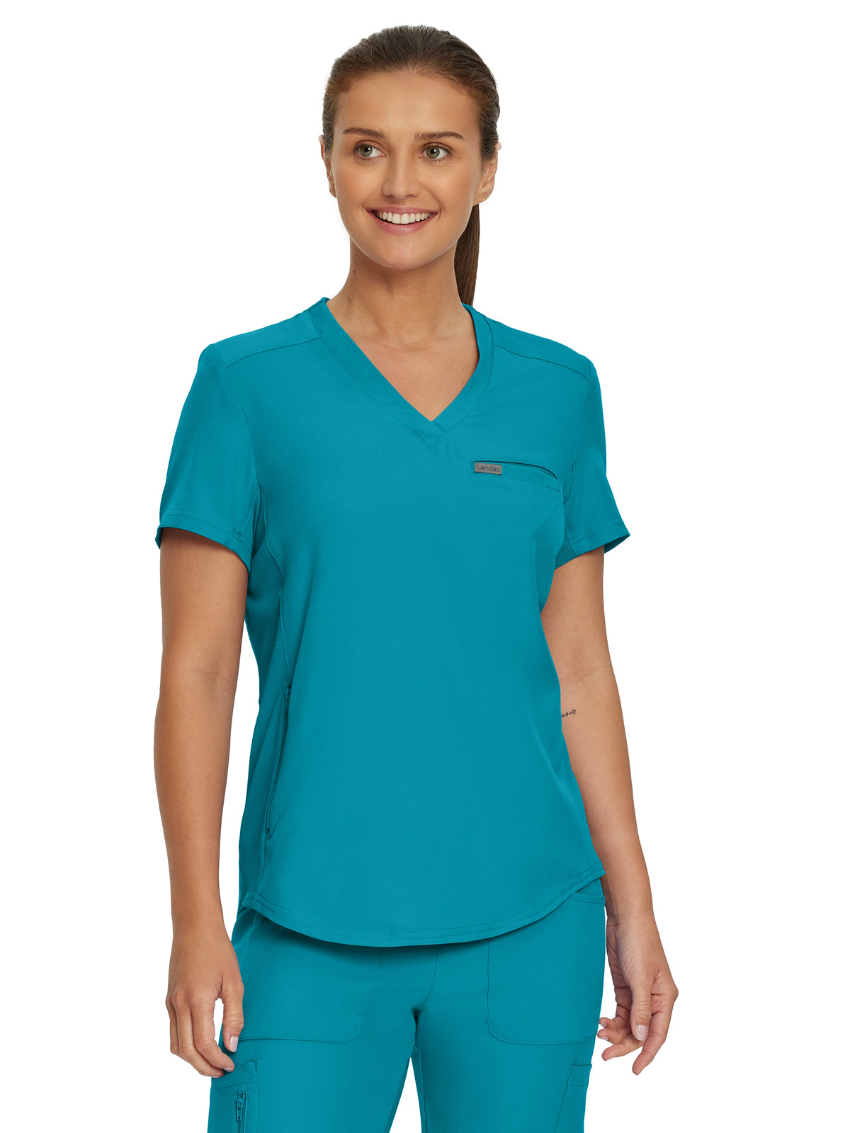 Women's Two-Pocket Shirttail Hemline V-Neck Top - LT101 - Teal